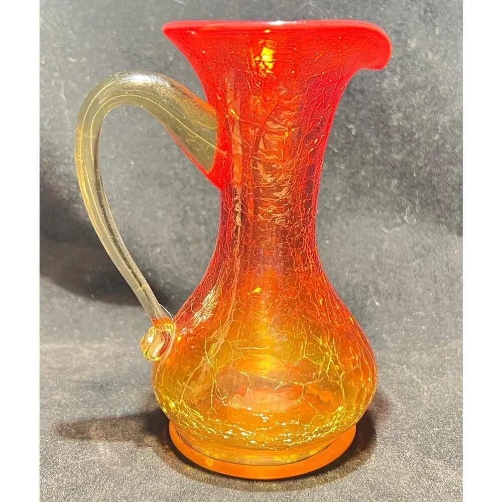 Hand Blown Glass Creamer Pitcher, Orange Fade, Crackle Glass